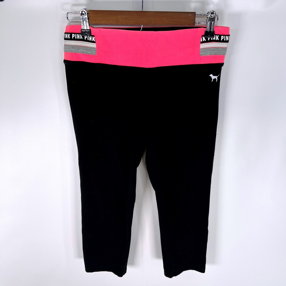 Victoria's Secret PINK Yoga Crop Leggings Black Neon Pink Waist Med Y2K